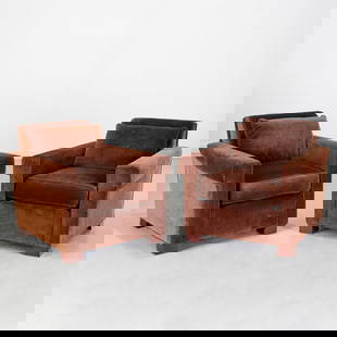 Pair Hickory Chair Co. Art Deco style club chairs: Pair Hickory Chair Co. Art Deco style club chairs, 21st c., chocolate brown upholstery, labeled under seat cushion, 30.5"h x 34"w x 34.75"d