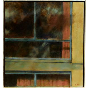 John Barnes Dobbs, oil on canvas: John Barnes Dobbs, oil on canvas, John Barnes Dobbs (American, 1931-2011), "Motel Window", signed "J.B. Dobbs" at lower right, gallery label verso, 26"h x 24"w (canvas), 27"h x 25"w (frame) Provenance