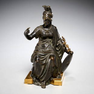 Eutrope Bouret, Athena bronze: Eutrope Bouret, Athena bronze, Eutrope Bouret (French, 1833-1906), Seated Athena, patinated metal, signed "Bouret" on top of base, previously a clock figure, 12.5"h x 8"w x 6"d