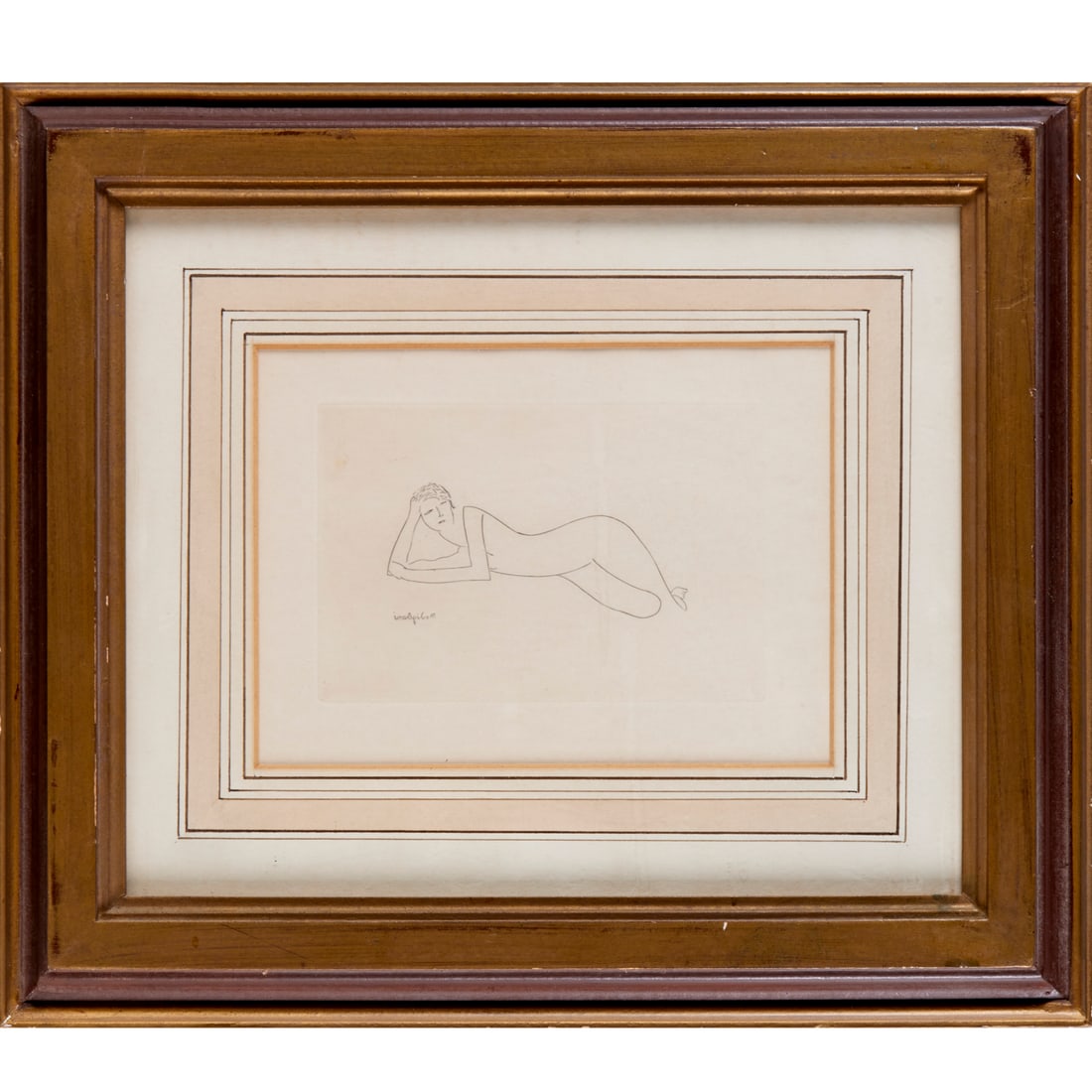 Amedeo Modigliani, etching: Amedeo Modigliani, etching, Amedeo Modigliani (Italian, 1884-1920), "Femme nue" (Reclining nude), signed in reverse in the plate, matted and framed under glass, Rizzoli gallery label verso, 4"h x 6"w