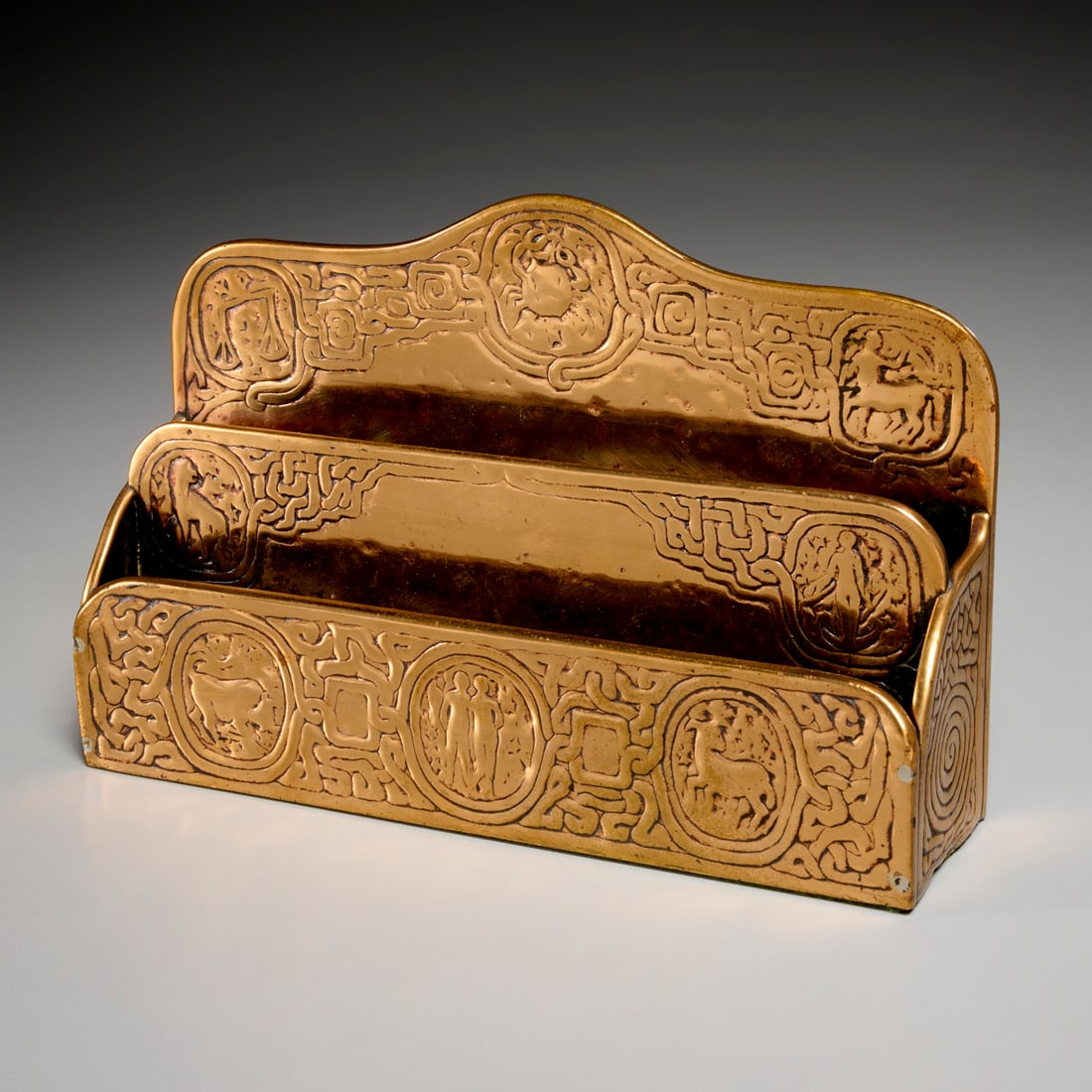 Tiffany Studios 'Zodiac' letter sorter: Tiffany Studios 'Zodiac' letter sorter, First half 20th c., dore bronze, possibly signed under felt, 6.5"h x 9.5"w x 2.5"d