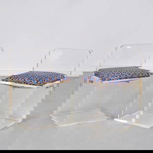 Pair custom Lucite slipper chairs: Pair custom Lucite slipper chairs, 20th c,, clear acrylic, chromed hardware, fabric cushion, constructivist design with chrome spacers and bolts, Op Art upholstery, 28"h x 18"w x 17"d, 19"h (to seat)