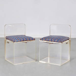 Pair custom Lucite slipper chairs: Pair custom Lucite slipper chairs, 20th c,, clear acrylic, chromed hardware, fabric cushion, constructivist design with chrome spacers and bolts, Op Art upholstery, 28"h x 18"w x 17"d, 19"h (to seat)