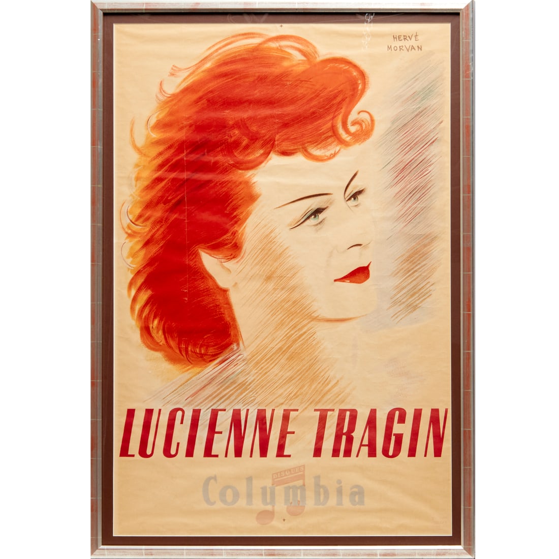Herve Morvan, lithograph poster, c. 1944: Herve Morvan, lithograph poster, c. 1944, Herve Morvan (French, 1917-1980), "Lucienne Tragin" poster, nicely matted and framed under plexiglass, 45.25"h x 29.75"w (sight), 49.5"h x 34"w (frame)
