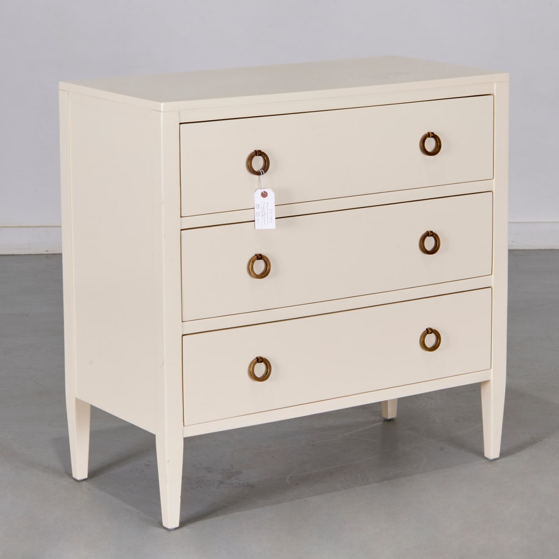 Modern History lacquered chest of drawers: Modern History lacquered chest of drawers, c. 2011, three drawers with chunky metal drawer pulls, metal tag label to drawer interior, 35"h x 35"w x 17.5"d