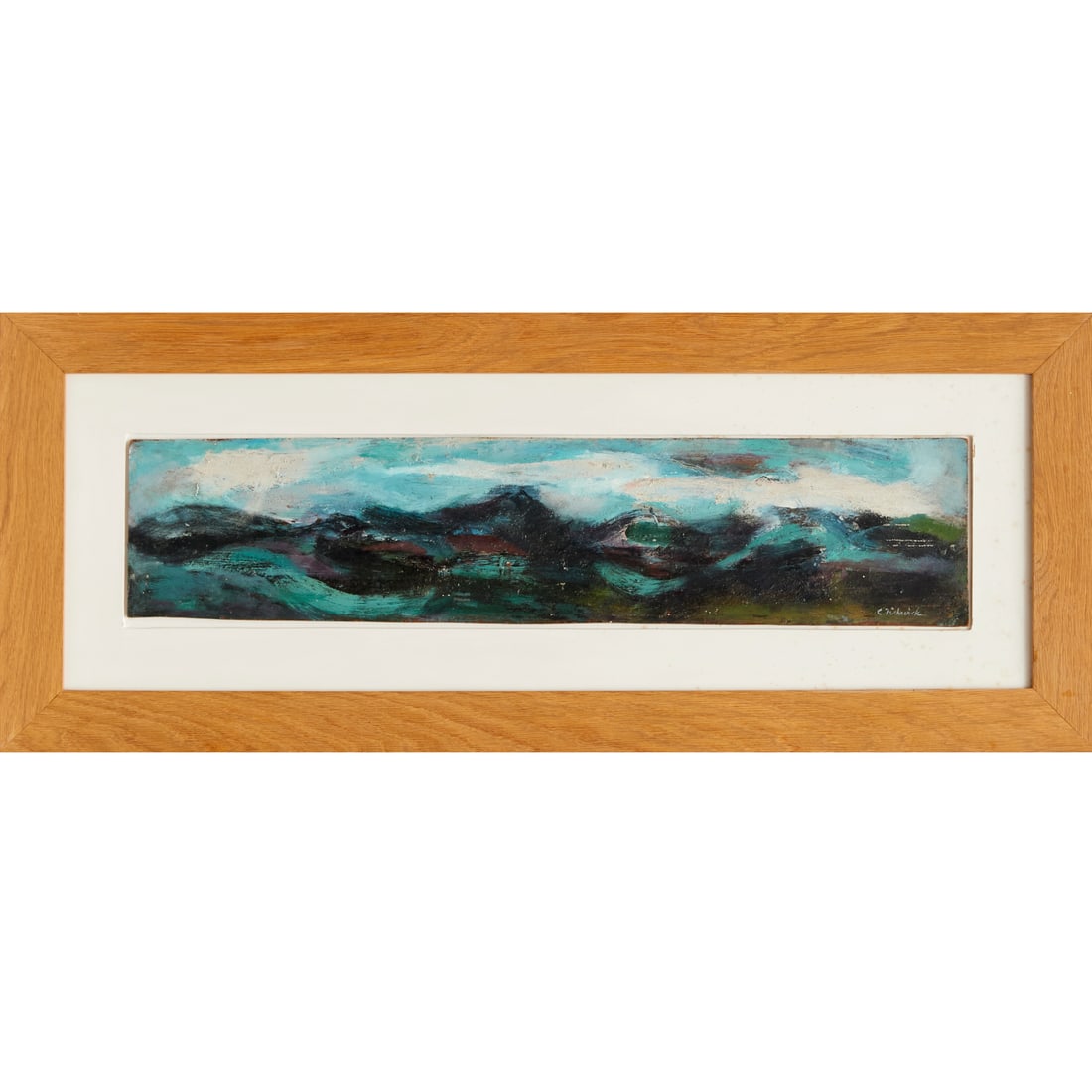 Clifford Fishwick, oil on Masonite, c. 1957: Clifford Fishwick, oil on Masonite, c. 1957, Clifford Fishwick (British, 1923-1997), "Blue Landscape", signed "C. Fishwick" at lower right, gallery label verso, 5.5"h x 23.75"w (panel), 12.75"h x 31.2