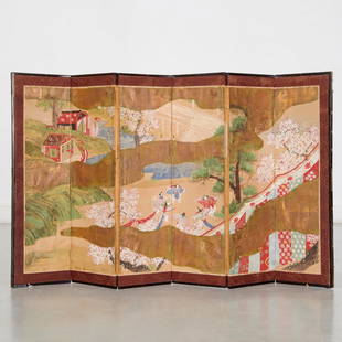 Japanese 6-panel table screen: Japanese 6-panel table screen, 19th/20th c., gouache and gold on paper mounted in silk border, depicting traditional costumed dancers with blossoming cherry trees, 24.5"h x 7.25"w (each panel)