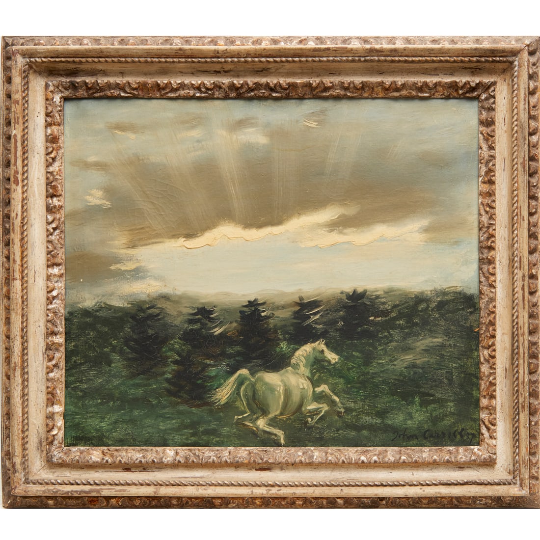 John Wesley Carroll, oil on canvas, 1937: John Wesley Carroll, oil on canvas, 1937, John Wesley Carroll (American, 1892-1959), Horse in Landscape, signed "John Carroll" at lower right, 19.5"h x 23.25"w (sight), 27"h x 30.5"w (frame)