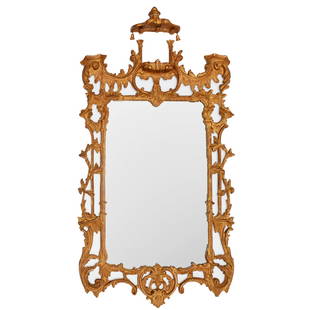 Chinese Chippendale style giltwood wall mirror: Chinese Chippendale style giltwood wall mirror, 20th c., "Mirror Fair New York" labels verso, pagoda style crest with bell drops, approx. 31.5"h x 19"w (glass), 57"h x 30"w (overall)