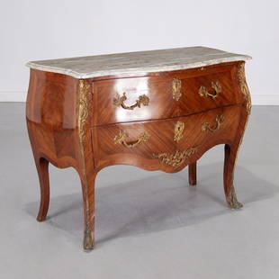 Louis XV style marble top bombe commode: Louis XV style marble top bombe commode, Mid 20th c., France, shaped marble top, on two drawer chest with gilt metal mounts, escutcheons, drawer pulls, and sabots, chest unmarked, marble stamped "Made