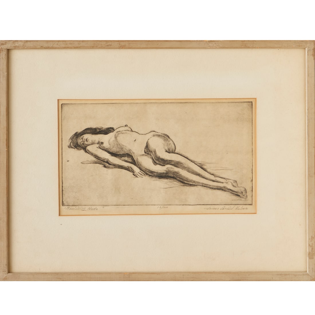 James Sanford Hulme, etching of a nude: James Sanford Hulme, etching of a nude, James Sanford Hulme (American, 1900-1974), "Reclining Nude", pencil signed, numbered 13/100 and titled lower margin, matted and framed under glass, 6.5"h x 11.2