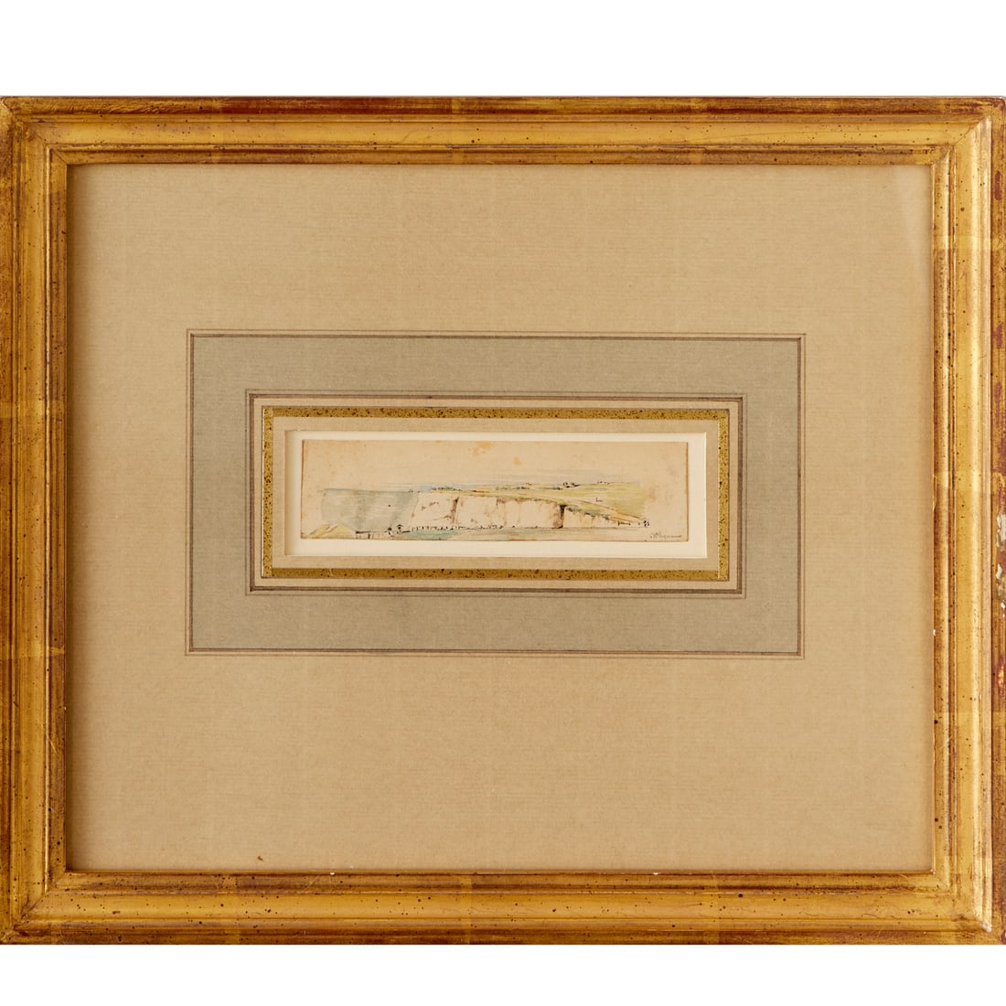William Payne, watercolor and ink on paper: William Payne, watercolor and ink on paper, William Payne (English, 1760-1830), miniature landscape, signed "W Payne" lower right, matted and framed under Plexiglas, 1.25"h x 5"w (sheet), 11"h x 13"w