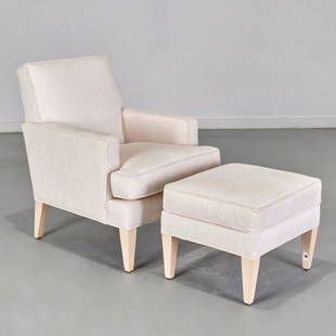 Ethan Allen custom club chair and ottoman: Ethan Allen custom club chair and ottoman, 21st c., upholstered in white and gold metallic fabric, on cream colored tapering squared legs, 36.25"h x 26.5"w x 29.5"w (chair), 17.5"h x 22"l x 19"d