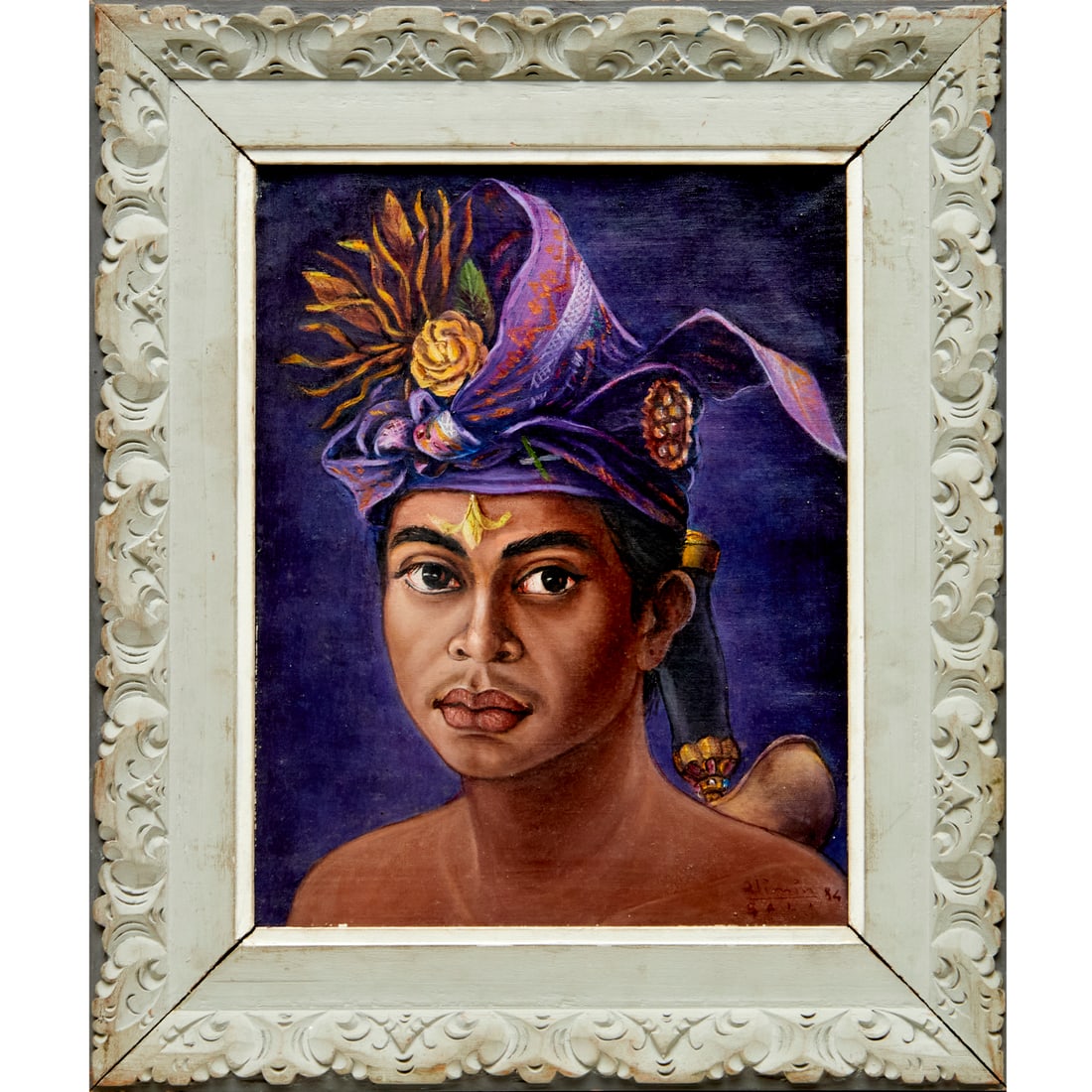 Alimin Tamin, oil on canvas, 1984: Alimin Tamin, oil on canvas, 1984, Alimin Tamin (Indonesian, 1932-2004), Portrait of a Balinese woman, signed and dated "Alimin Bali 84" lower right, 17.25"h x 13.25"w (sight), 24.5"h x 21"w (frame)