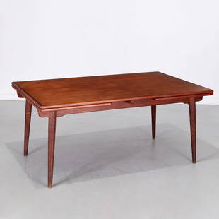 Hans Wegner for Andreas Tuck, teak dining table: Hans Wegner for Andreas Tuck, teak dining table, 20th c., Denmark, rectangular draw leaf dining table, approx. 29"h x 63"l x 39.25"d (table), 23.5"w (each leaf)