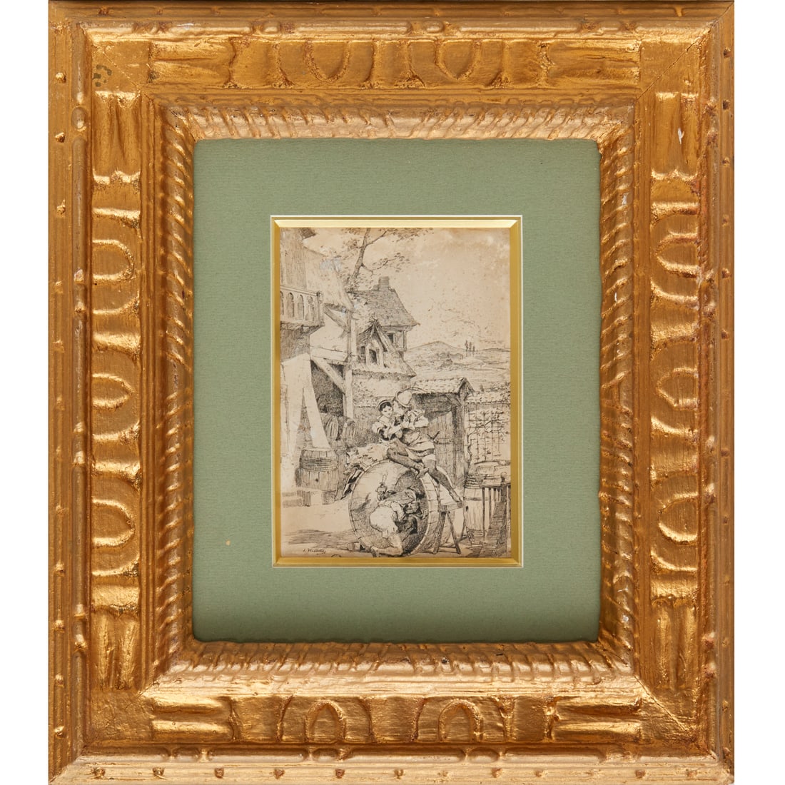 Adolphe Leon Willette, drawing: Adolphe Leon Willette, drawing, Adolphe Leon Willette (French, 1857-1926), "Scene Galante", pen and ink on paper, signed lower left, matted and framed under glass, 6"h x 4.25"w (sight), 14.5"h x 13"w