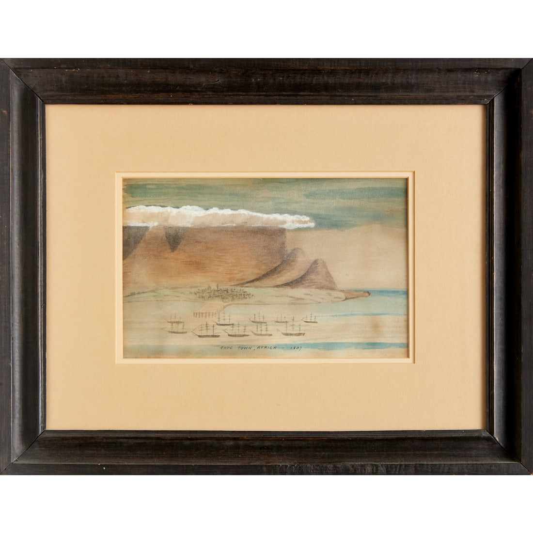 British Colonial School, Cape Town, 1837: British Colonial School, Cape Town, 1837, British Colonial School (19th c.), View of the harbor, watercolor on paper, titled and dated lower center, no signature observed, matted and framed under glas