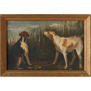 Folk Art painting, hunting dogs, oil on canvas: Folk Art painting, hunting dogs, oil on canvas, Early 20th c., American, Two hounds in the cattails, no signature detected, gallery label verso, 7.5"h 11.5"w (sight), 9.5"h x 13.75"w (frame) Provenanc