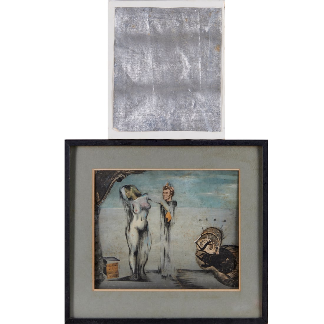 Forrest Bess (attrib.), (2) collages: Forrest Bess (attrib.), (2) collages, Attributed to Forrest Bess (American, 1911-1977), Untitled (nude woman, man and chair), mixed media collage on board, graphite drawing on verso, no signature, mat