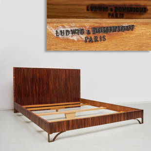 J.M. Frank (after), king bed, Peter Marino: J.M. Frank (after), king bed, Peter Marino, Late 20th c., France, straw veneer, with zig-zag headboard, the footboard raised on gilt metal bracket feet, Ludwig & Dominique, Paris brand to underside, s