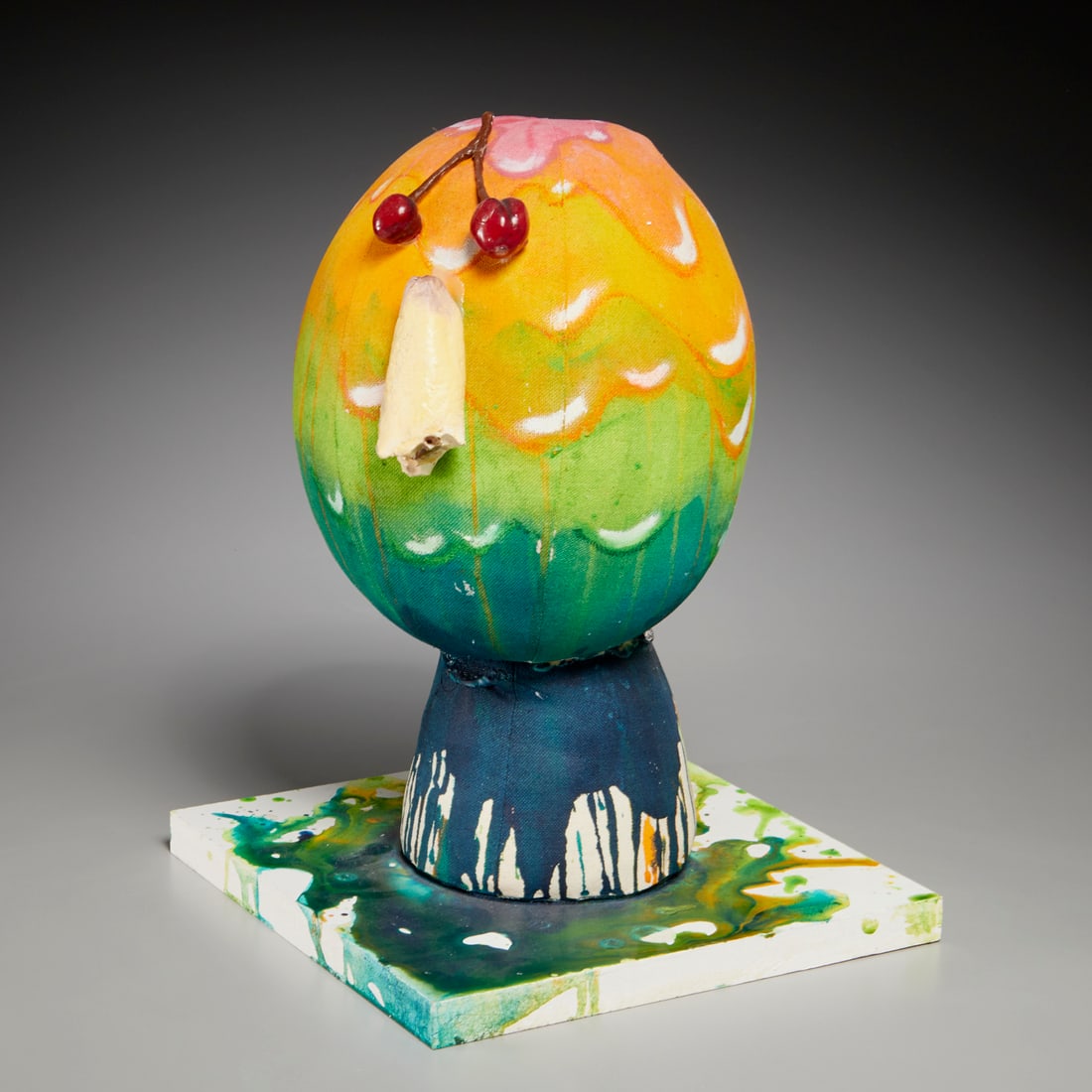 Nathalie Djurberg, sculpture, 2012: Nathalie Djurberg, sculpture, 2012, Nathalie Djurberg (Swedish, b. 1978), "Eggs", canvas stuffed with cotton, acrylic, oil, clay and glue on wooden base, signed and numbered "Nathalie DJ 38/38", under
