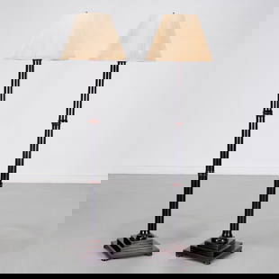 Pair Designer lacquered faux-bamboo floor lamps: Pair Designer lacquered faux-bamboo floor lamps, 20th c., raised on a tiered square plinth, each wired with single electrified socket, string shades, 69"h x 12.5"squ (to finial)