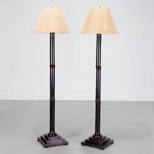 Pair Designer lacquered faux-bamboo floor lamps: Pair Designer lacquered faux-bamboo floor lamps, 20th c., raised on a tiered square plinth, each wired with single electrified socket, string shades, 69"h x 12.5"squ (to finial)