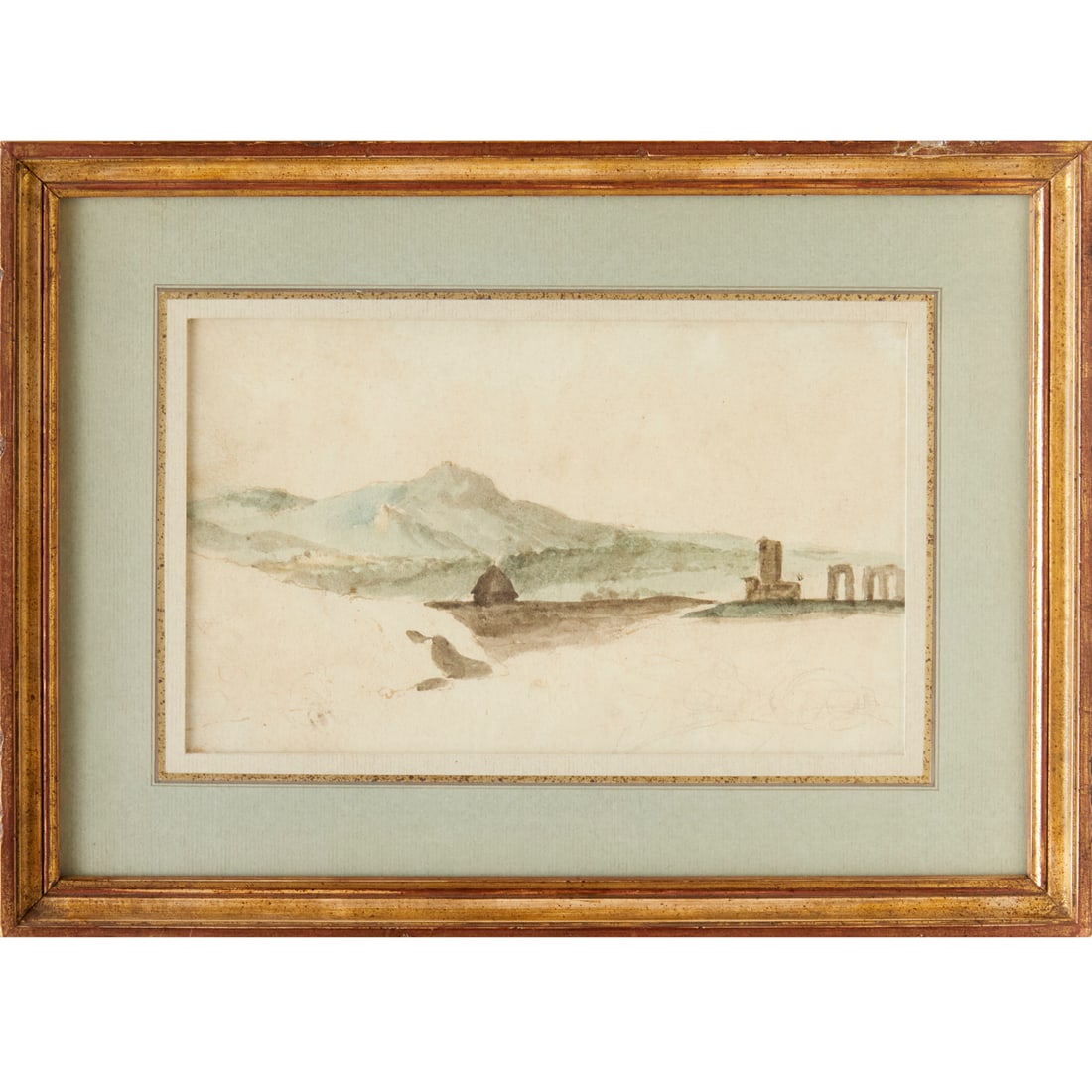 Alexander Runciman, watercolor, 18th c.: Alexander Runciman, watercolor, 18th c., Alexander Runciman (Scottish, 1736-1785), sketch of standing stones or ruins, no signature detected, gallery labels verso, matted and framed under glass, 5.5"h