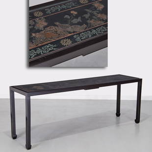 Large Chinese coromandel panel console table: Large Chinese coromandel panel console table, 19th & 20th c., the oblong top with inset glass enclosing an antique coromandel lacquer screen panel, 29.25"h x 79.5"l x 20.75"w