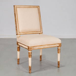 Italian Neo-Classic style slipper chair: Italian Neo-Classic style slipper chair, 20th/21st c., cream and gold painted carved frame, cream striped upholstered seat and back, unmarked, 37.75"h x 22"w x 20"d