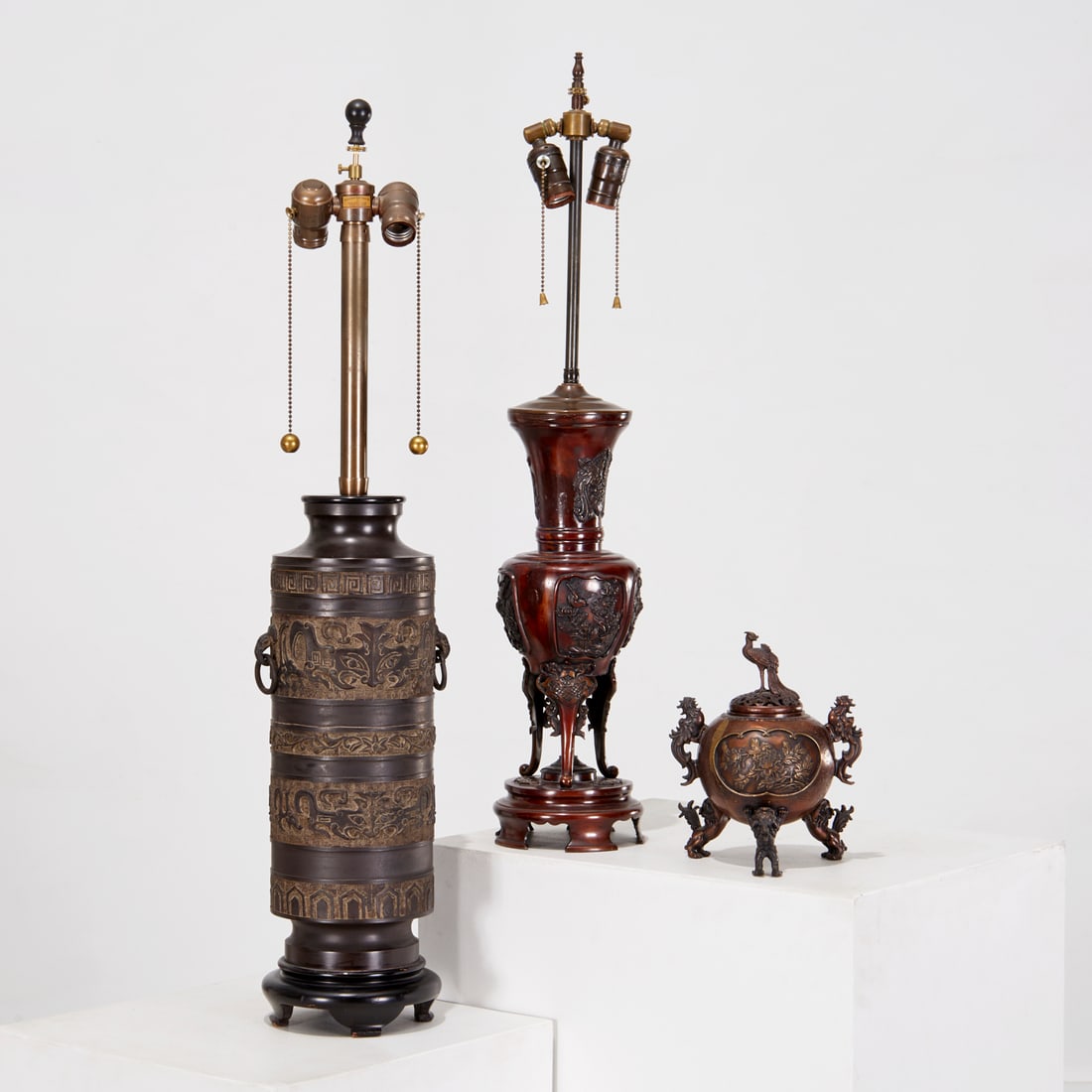 Chinese and Japanese bronze lamps and censer (1 of 10)