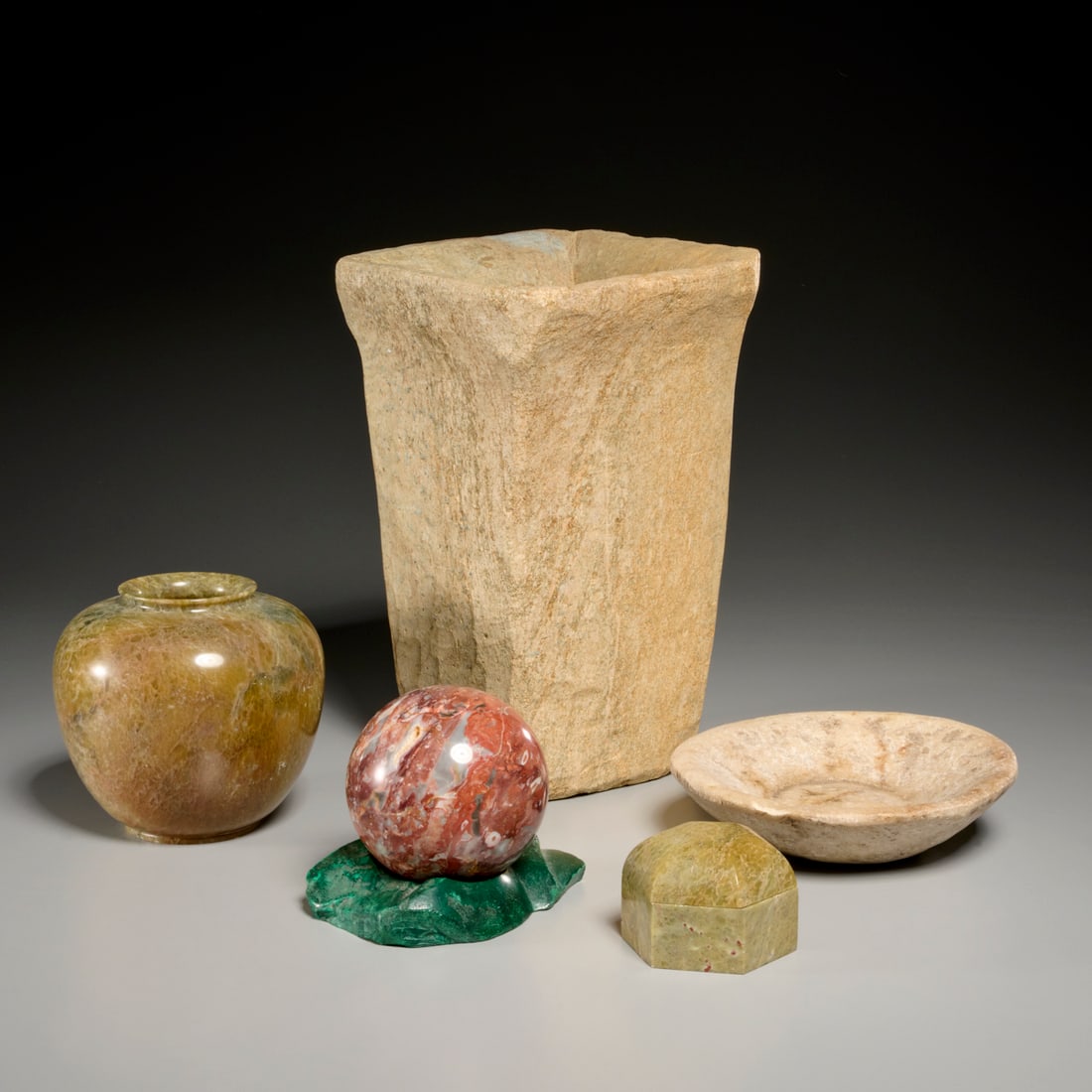 Group specimen stone table accessories: Group specimen stone table accessories, 20th c., (6) pieces, incl. a heavy vase, dish, polished vase, hexagonal box, and a marble orb on malachite stand, 12.5"h x 8.5"squ (largest), 2"h x 3"w (smalles