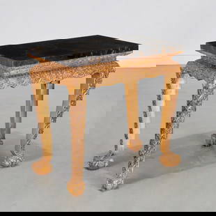 Chinese Export carved giltwood side table: Chinese Export carved giltwood side table, 20th c., rectangular faux painted marble top, elaborately carved frieze and cabriole legs with taotie masks and foliate scrolls, unmarked and likely custom,