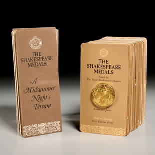 (38) Gold on sterling Shakespeare medals: (38) Gold on sterling Shakespeare medals, c. 1971, issued by the Royal Shakespeare Theatre for The Franklin Mint, each coin sealed in cardboard holder, with separate leaflets, approx. 1.2ozt, ea., 45o