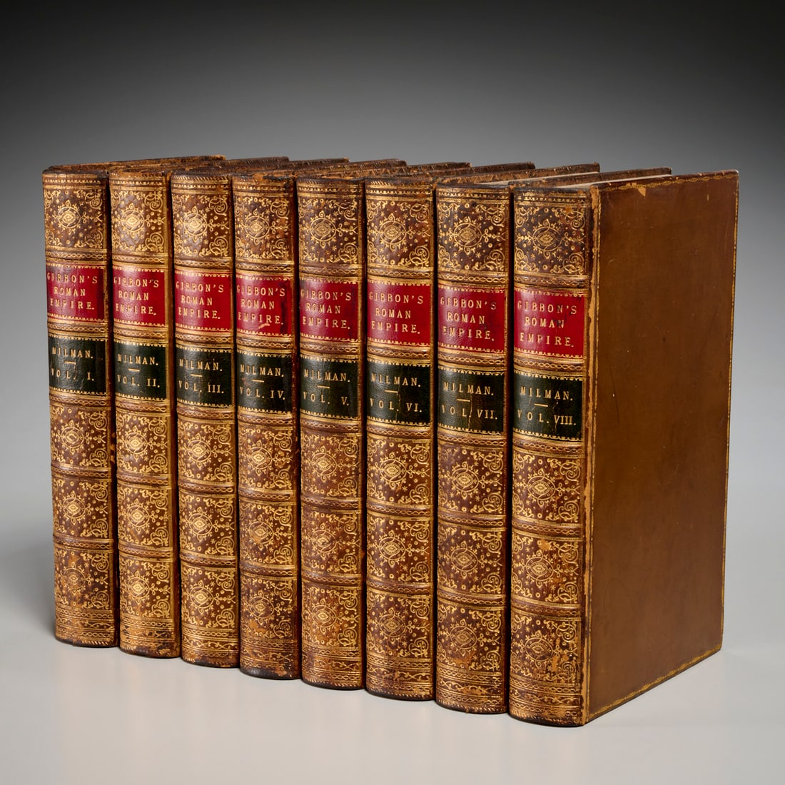 Gibbon, Decline and Fall of the Roman Empire, 1854: Gibbon, Decline and Fall of the Roman Empire, 1854, Edward Gibbon. The History of the Decline and Fall of the Roman Empire. John Murray, 1854, complete in (8) vols., full leather binding, marbled endp