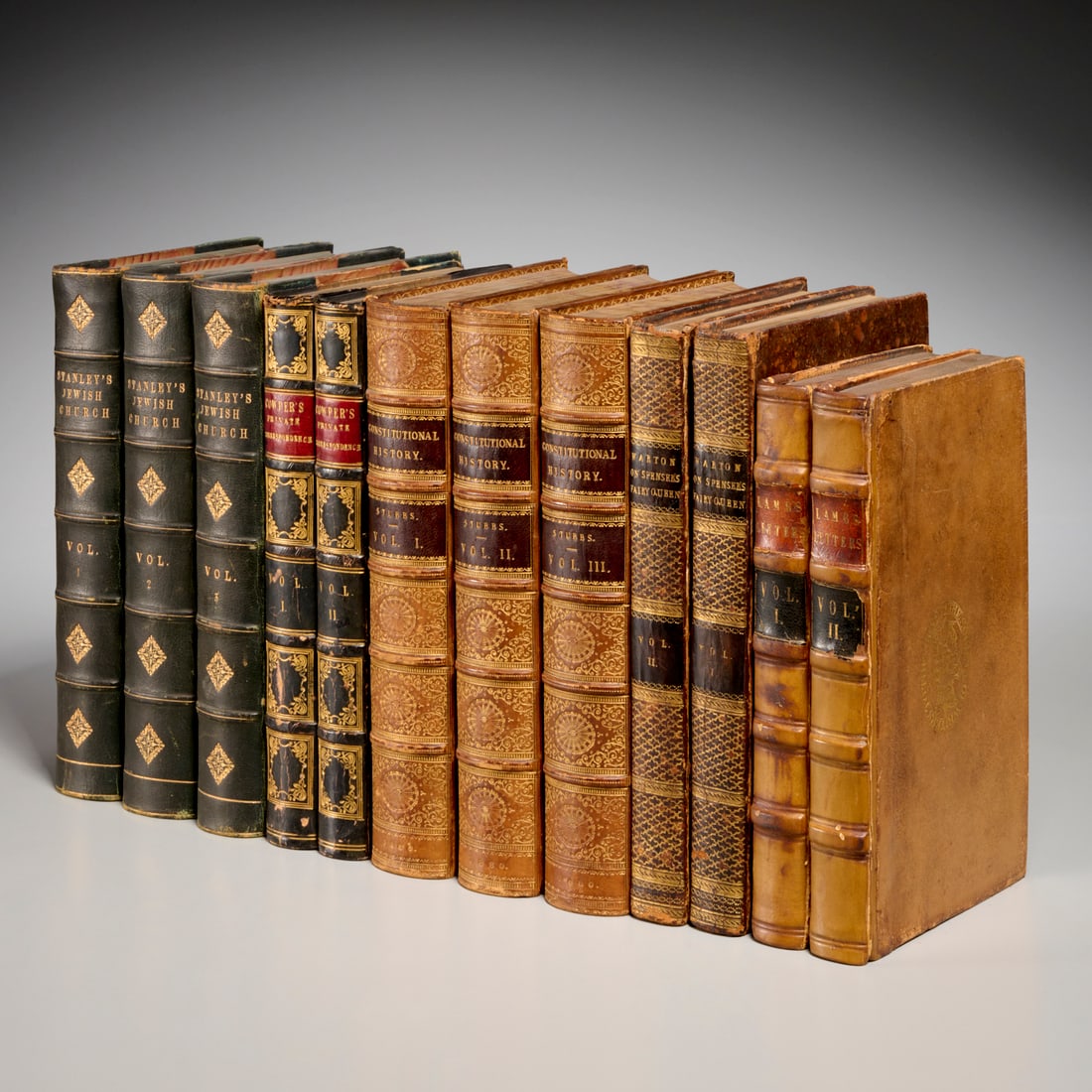 (12) Vols., fine leather bindings, 19th c.: (12) Vols., fine leather bindings, 19th c., Includes: (3) vols., Stubbs, The Constitutional History of England. Calendon Press, 1880; (3) vols., Stanley, The Jewish Church, John Murray, 1865; (2) vols