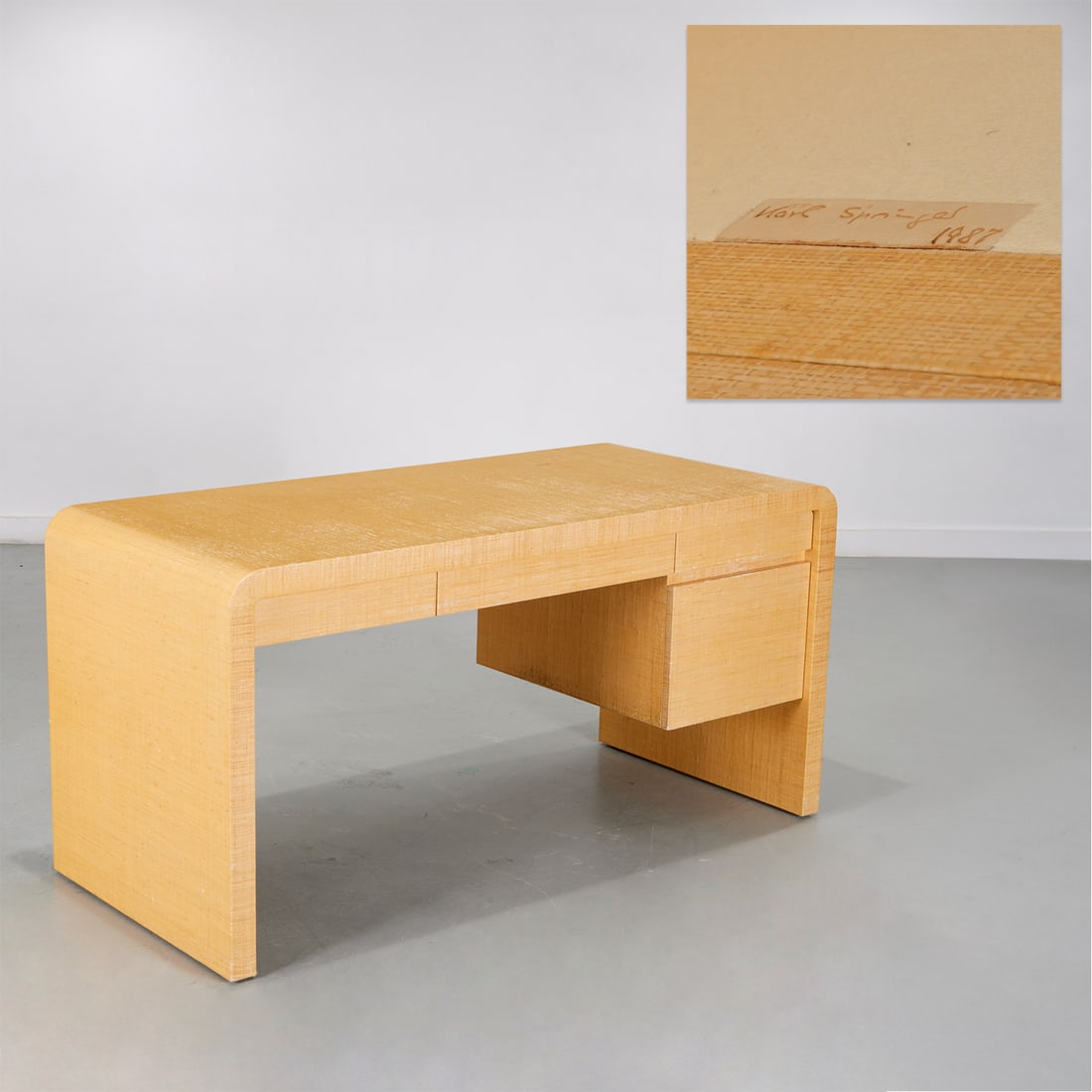 Karl Springer, lacquered grass cloth desk, signed (1 of 7)