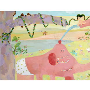 Chinatsu Ban, acrylic on canvas, 2006: Chinatsu Ban, acrylic on canvas, 2006, Chinatsu Ban (Japanese, b. 1973), "A Twin Story (Paradise)", signed and dated verso, 44"h x 57"w, stretched, not framed Provenance: From a Private Collection