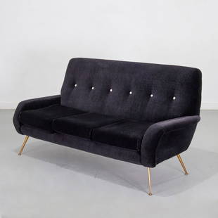 Gigi Radice, Mid-Century Italian 3-seat sofa: Gigi Radice, Mid-Century Italian 3-seat sofa, c. 1960s, Italy, angled brass legs, fully upholstered in a dark blue mohair, 35" h x 68"l x 30"d Provenance: A Private Collection: 502 Park Avenue, NYC