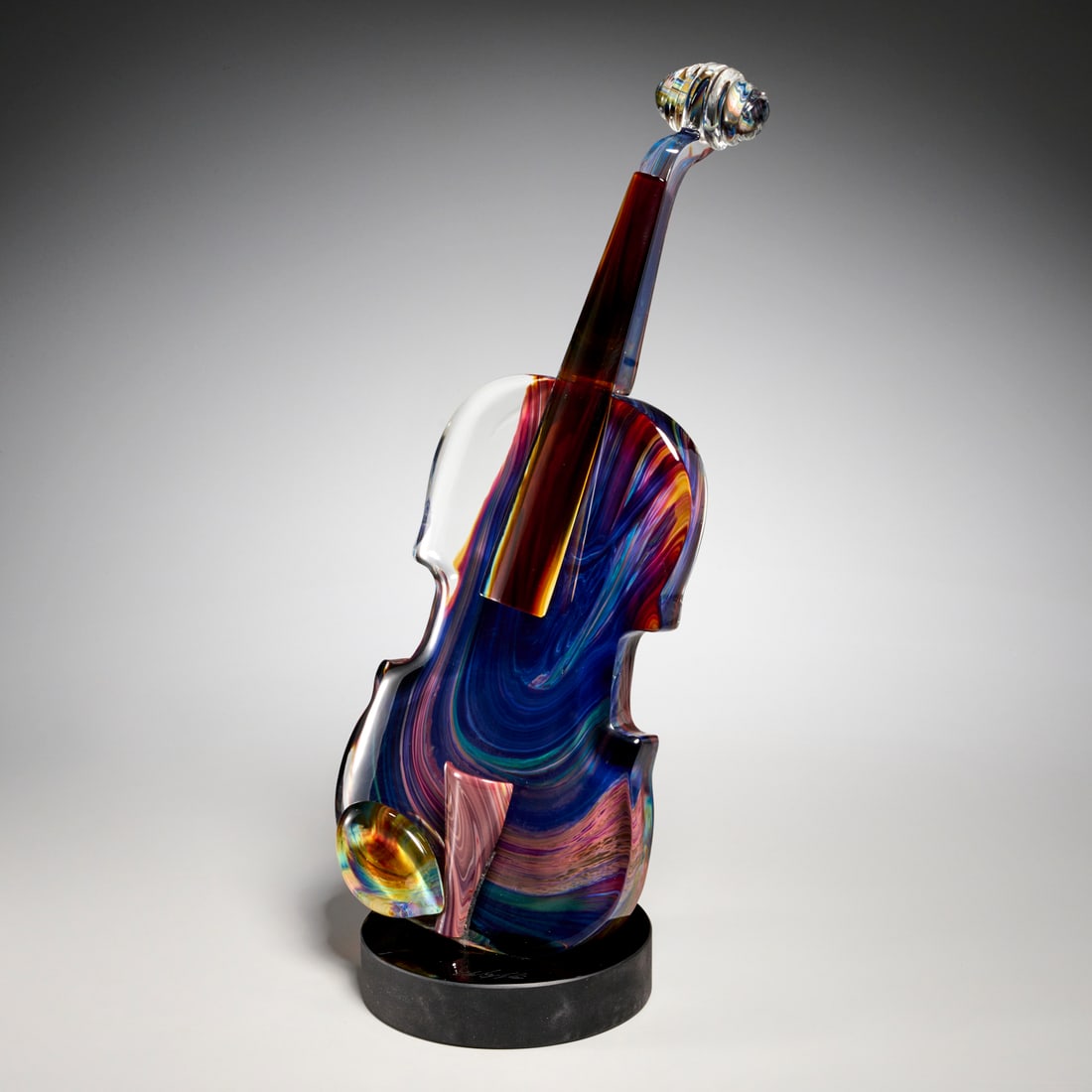 Dino Rosin (after), Murano glass violin: Dino Rosin (after), Murano glass violin, After Dino Rosin (Italian, b. 1948), 'Violin', Calcedonia glass with applied elements, illegibly signed on base, 21"h x 8"w x 7"d Provenance: A Private Collect