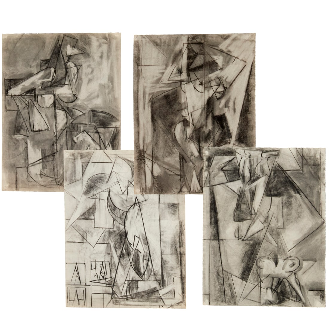 School of Hans Hofmann, (4) charcoal drawings: School of Hans Hofmann, (4) charcoal drawings, Margaret Trumbull Jennings (American, 1896-1983), untitled cubist drawings with corrections by Hans Hofmann (by repute), loose and unframed, 25"h x 19"w