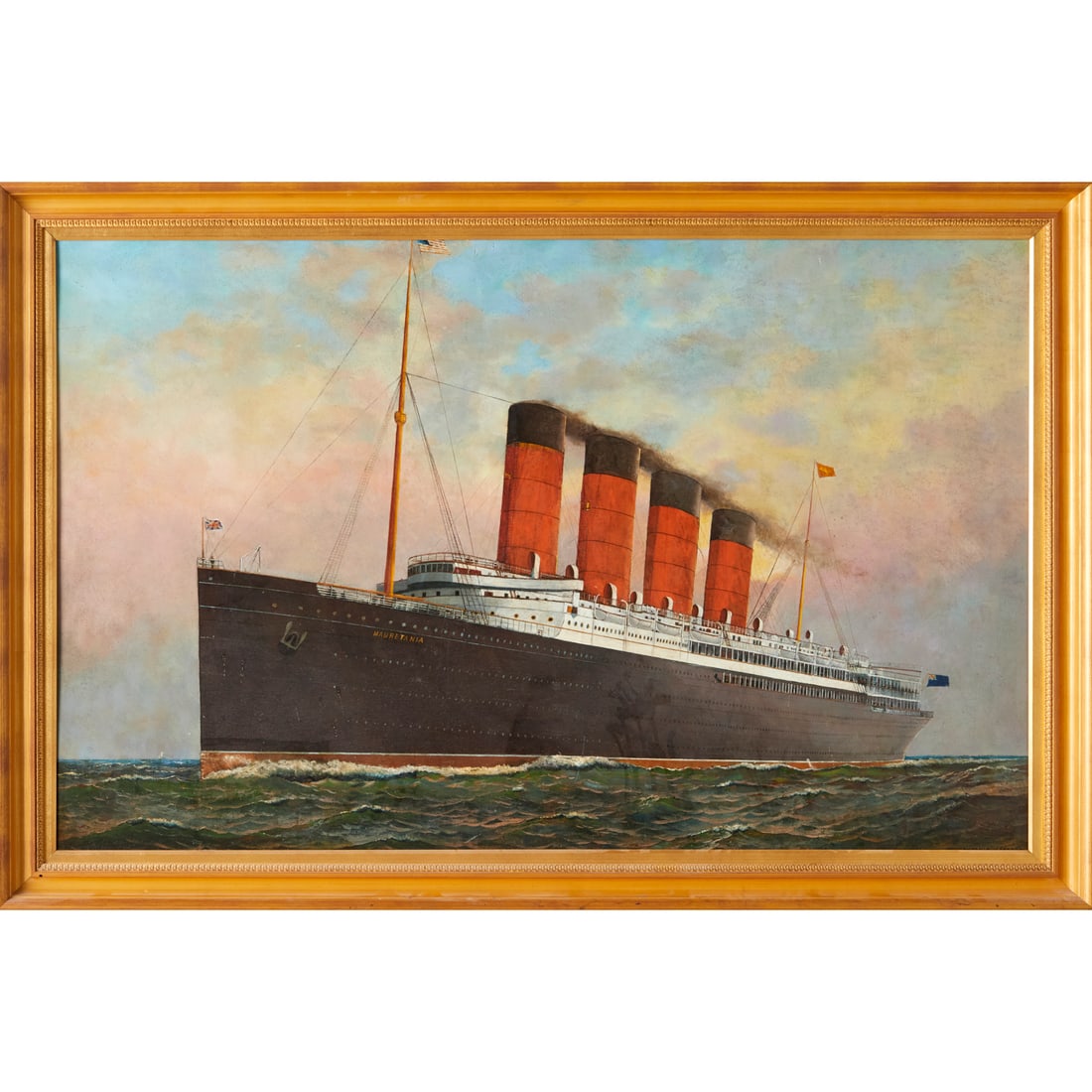 Antonio Jacobsen, large oil, Mauritania, 1913: Antonio Jacobsen, large oil, Mauritania, 1913, Antonio Jacobsen (American, 1850-1921), RMS Mauritania, oil on board, signed "Antonio Jacobsen", lower right edge and dated "1913", 35.5"h x 56.5"w (sigh