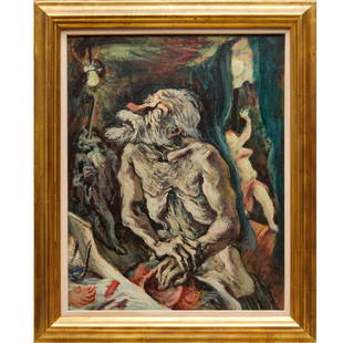 Philip Reisman, oil on Masonite, 1942: Philip Reisman, oil on Masonite, 1942, Philip Reisman (Polish-American, 1904-1992), "Hubert's Museum: Clown in Dressing Room", signed and dated lower right, title, date and signed on verso, 23.5"h x 1