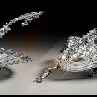 Victorian sterling de Lamerie shell centerpiece: Victorian sterling de Lamerie shell centerpiece, London, 1898, marks of William Gibson & John Lawrence Langman, after a model by Paul de Lamerie, reticulated scallop shell form bowl with gadrooned rim