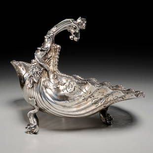 Victorian sterling de Lamerie shell centerpiece: Victorian sterling de Lamerie shell centerpiece, London, 1898, marks of William Gibson & John Lawrence Langman, after a model by Paul de Lamerie, reticulated scallop shell form bowl with gadrooned