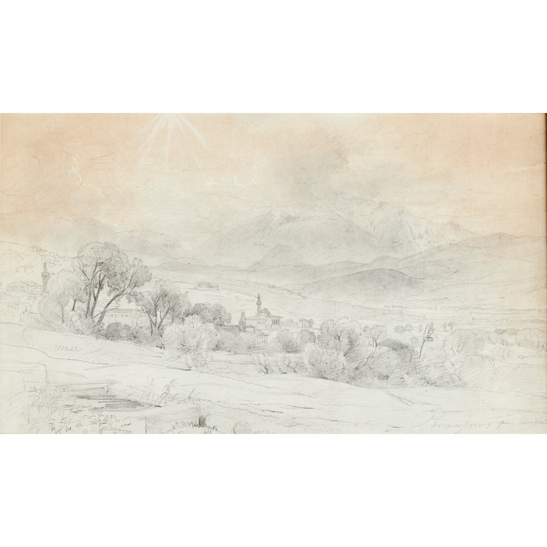 Edward Lear, mixed media drawing: Edward Lear, mixed media drawing, Edward Lear (British, 1812-1888), "Parnassus from Levidia", pencil and ink wash on paper, titled lower right, signed and titled on paper affixed to back of frame, gal