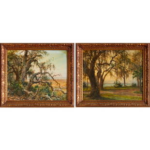 Louis Aston Knight, (2) mixed media on paper: Louis Aston Knight, (2) mixed media on paper, Louis Aston Knight (American,1873-1948), Forest Landscapes, watercolor and gouache on paper, each signed (lower left and right), framed under glass, 17.5"