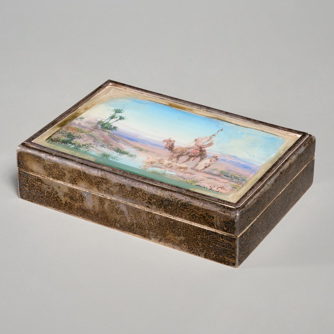 Paul Pascal painting set in English sterling box: Paul Pascal painting set in English sterling box, Paul Pascal (French, 1839-1905), miniature Orientalist watercolor and gouache painting, signed "P. Pas..." at lower right corner, set in English sterl