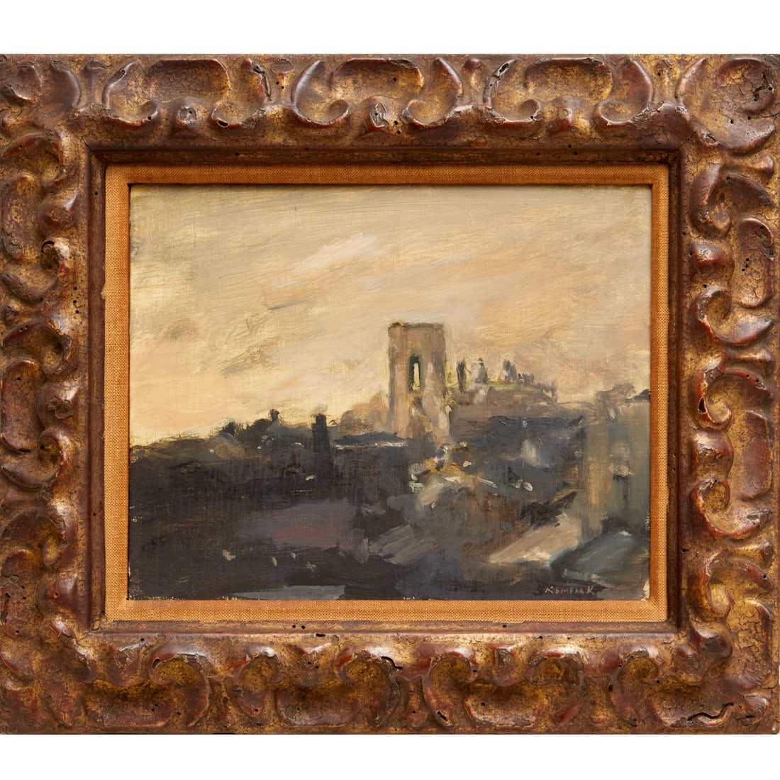 Seymour Remenick, oil on panel, 1957: Seymour Remenick, oil on panel, 1957, Seymour Remenick (American, 1923-1999), "Rain in Philadelphia", signed lower right, gallery label verso, 8"h x 10"w (sight), 13"h x 15"w (frame) Provenance: A Pri