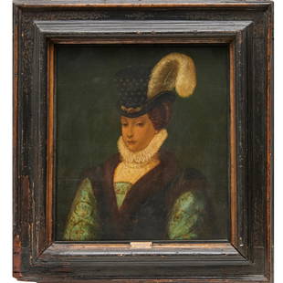 George Gower (follower), oil on cradled panel: George Gower (follower), oil on cradled panel, Follower of George Gower (Britsih, 1540-1596), Portrait of a Court Lady, no signature observed, in period frame, 20"h x 18"w (panel), 27"h x 25"w